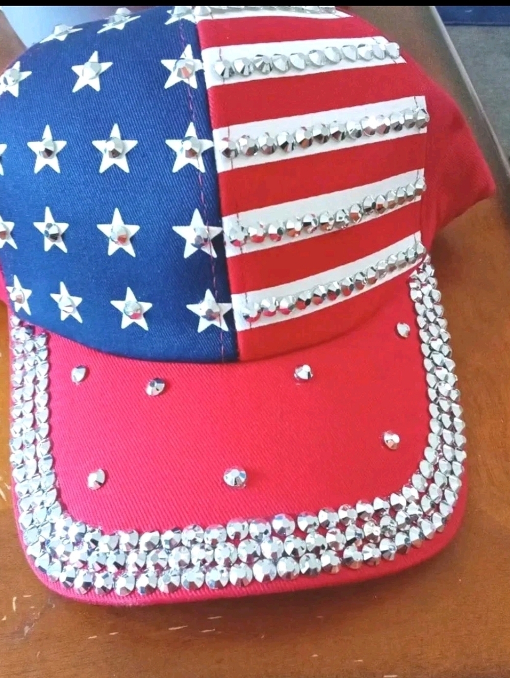 Unisex American Flag Rhinestone Baseball Cap - Red Blue & White